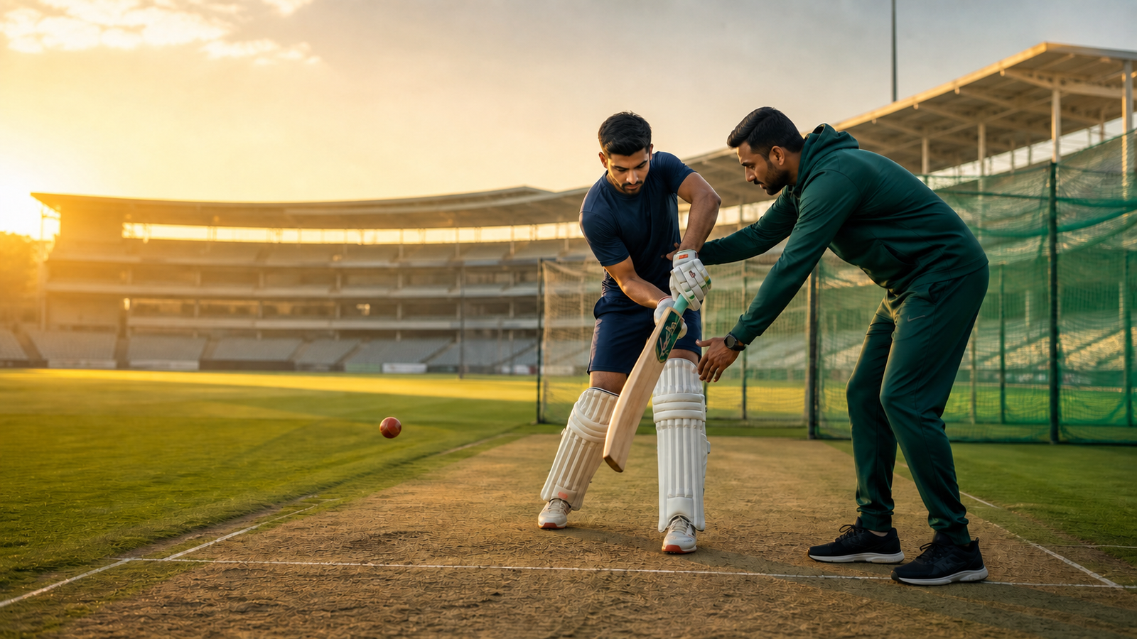 A cricket coach guiding a player through batting technique
