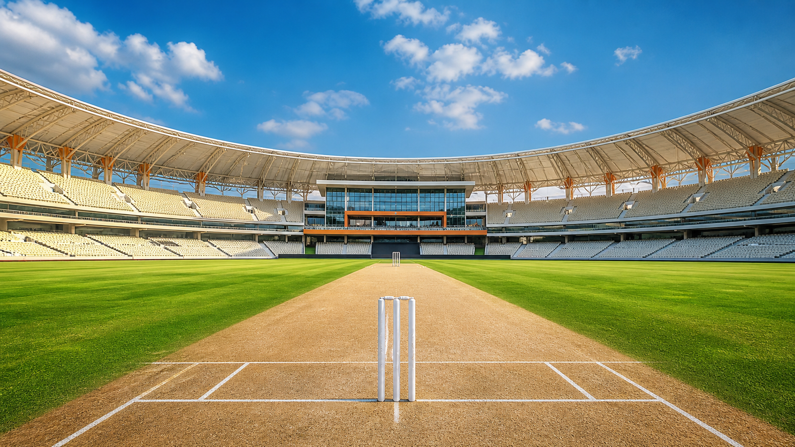Pitch-level view through the wicket inside a bright stadium